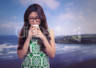 Businesswoman in nature sea with coffee