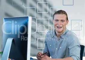 Businessman and mind map over building background