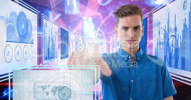 man touching and interacting with technology interface panels