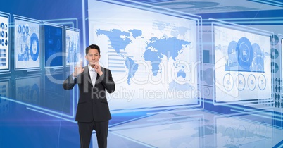 Businessman touching and interacting with technology interface panels