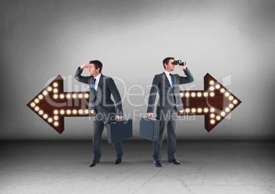 Left or right arrows with bulbs with Businessman looking in opposite directions