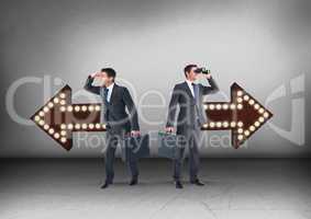 Left or right arrows with bulbs with Businessman looking in opposite directions