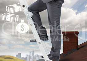 Businessman on ladder over roof and city with money icons