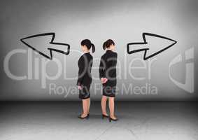 Left or right arrows with Businesswoman looking in opposite directions