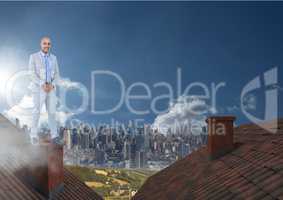 Businessman standing on Roofs with chimney and city