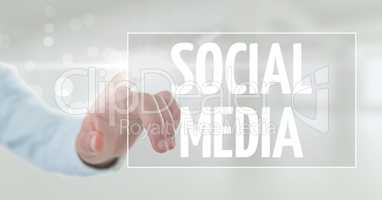 Hand interacting with social media business text against white background