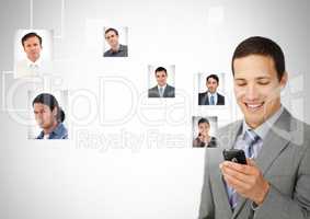 Man holding phone with Profile portraits of people contacts