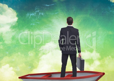 Businessman in boat under tropical sky clouds