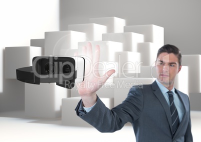 Man touching and interacting with virtual reality headset with transition effect