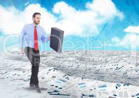 Businessman holding briefcase in sea of documents under sky clouds