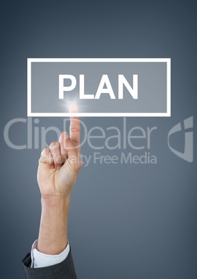 Hand interacting with plan business text against blue background