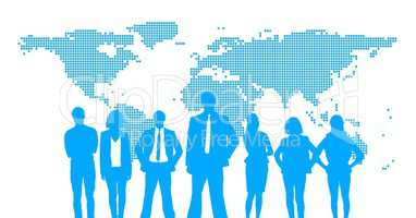 Business people silhouettes against white wall with world map
