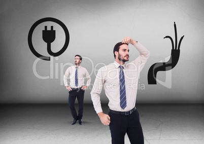Plug socket and electrical wire with Businessman looking in opposite directions