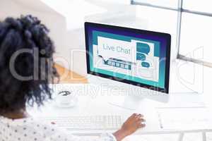 Composite image of graphic image of live chat text with speech bubbles