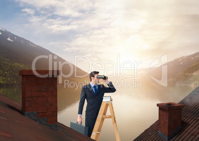 Businessman with binoculars on ladder and lake mountain landscape