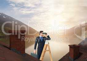 Businessman with binoculars on ladder and lake mountain landscape