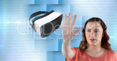 Woman touching and interacting with virtual reality headset with transition effect