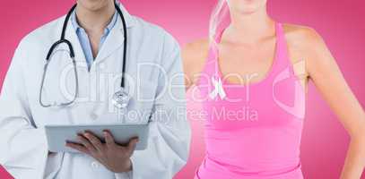Composite image of beautiful female doctor using digital tablet