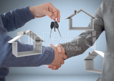 Hands Holding keys with house icons in front of vignette with handshake