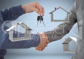 Hands Holding keys with house icons in front of vignette with handshake
