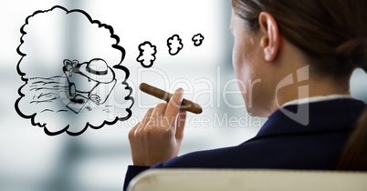 Business woman over shoulder in chair with cigar and dreaming of holiday against blurry grey office