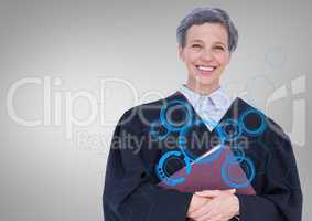 Female judge with book and blue interface against grey background