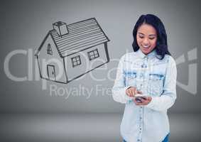 Woman Holding keys with house home drawing in front of vignette