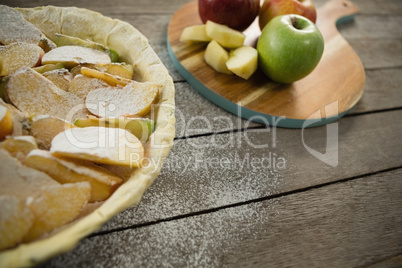 High angle view of apple pie preparation