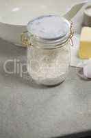 High angle view flour in glass jar