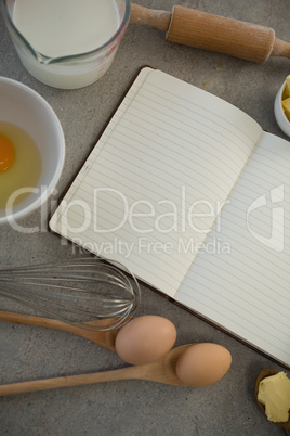 Directly above shot of ingredients amidst open book