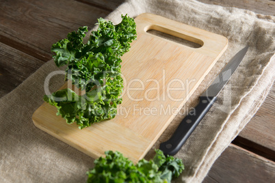 Kale on cutting board with knife at table