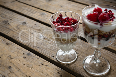 Cup of yogurt muesli and raspberries for breakfast