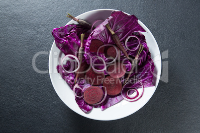 Overhead view of various vegetables in plate