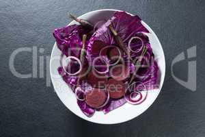 Overhead view of various vegetables in plate