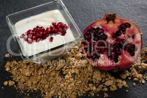 Yogurt with pomegranate slice and granola