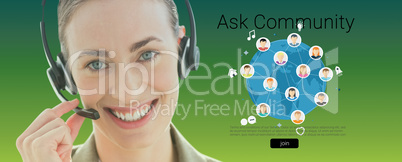 Composite image of smiling businesswoman with headset looking at camera