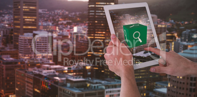 Composite image of man hand using digital tablet