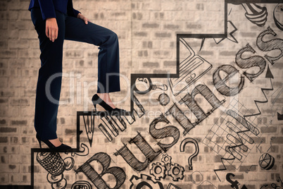 Composite image of conceptual image of businesswoman in heels climbing steps