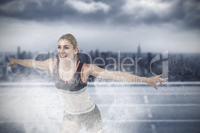 Composite image of female athlete posing after victory