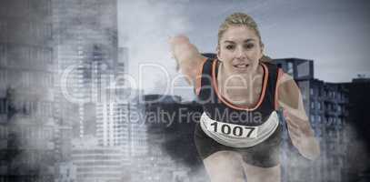 Composite image of female athlete running on white background