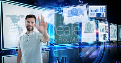 Businessman touching and interacting with technology interface panels