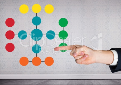 Hand pointing at colorful mind map in room