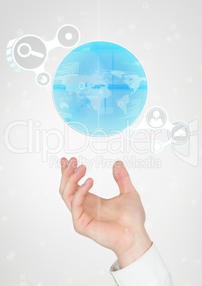 Hand holding a globe with connectors