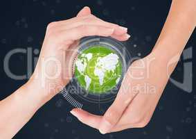 Hands holding a globe with connectors