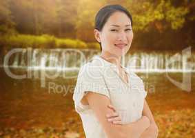 Businesswoman in nature with waterfall