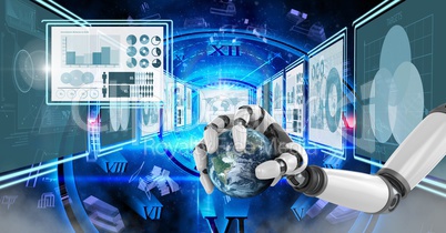 Robot hand interacting with technology interface panels holding world globe