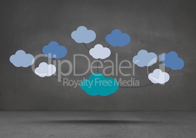 Colorful mind map clouds floating over dark room background