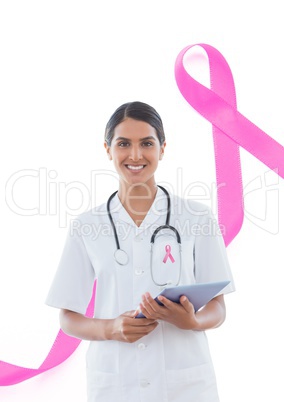 Doctor woman with breast cancer awareness ribbon