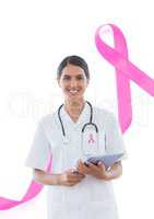 Doctor woman with breast cancer awareness ribbon