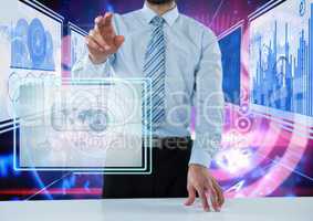 Businessman touching and interacting with technology interface panels